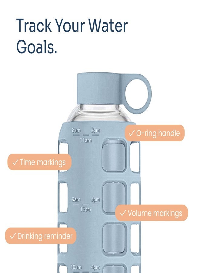 purifyou 40oz / 32oz / 22oz / 12oz Borosilicate Glass Water Bottle with Time & Volume Markers, Silicone Sleeve, Stainless Steel Lid | Reusable Glass Bottle for Water & Juice (22oz Ice Blue) - Image 3